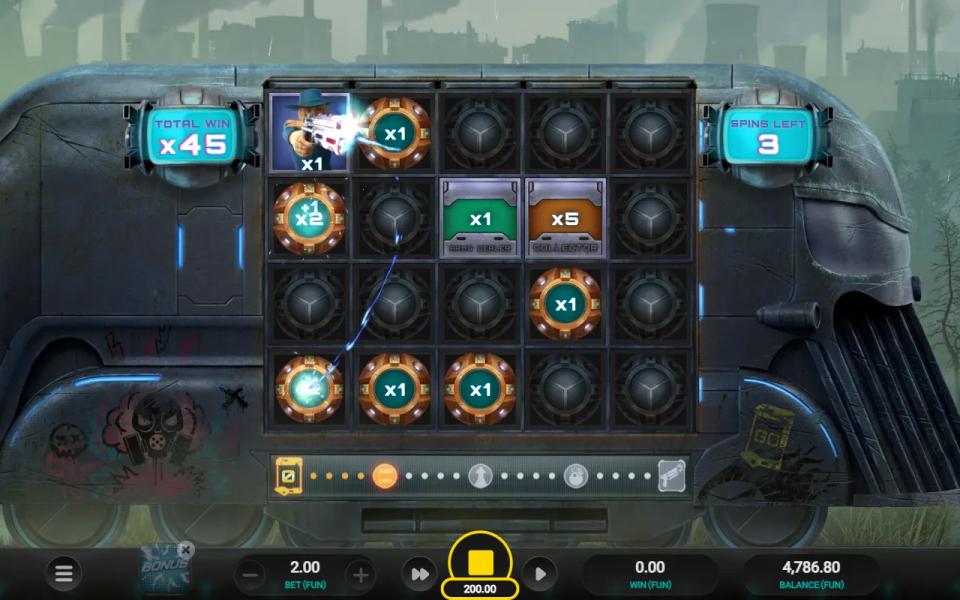 Money Train 5 bonus round with the Sniper firing at a coin beside the Arms Dealer and Collector symbols