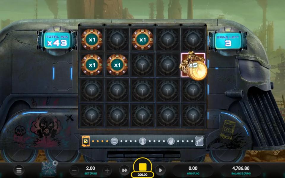 Money Train 5 bought bonus round with a special symbol landing at x5 and three spins still on the counter