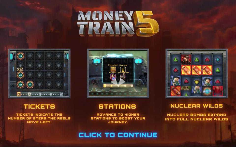 Money Train 5 intro screen explaining Tickets, Stations and Nuclear Wilds