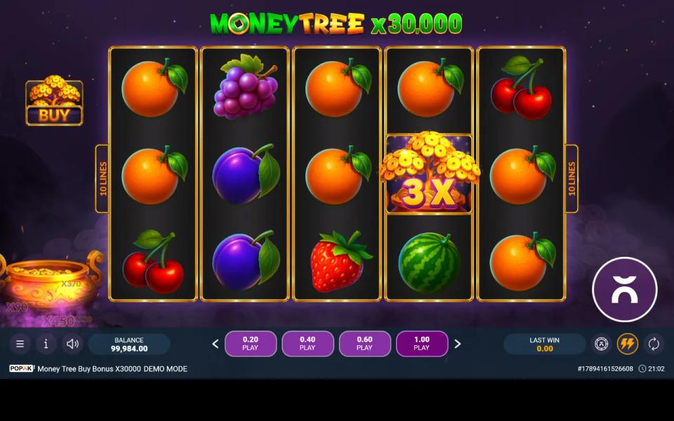 A money tree wild carrying a 3X multiplier sitting unexpanded on reel 4 while the board pays nothing