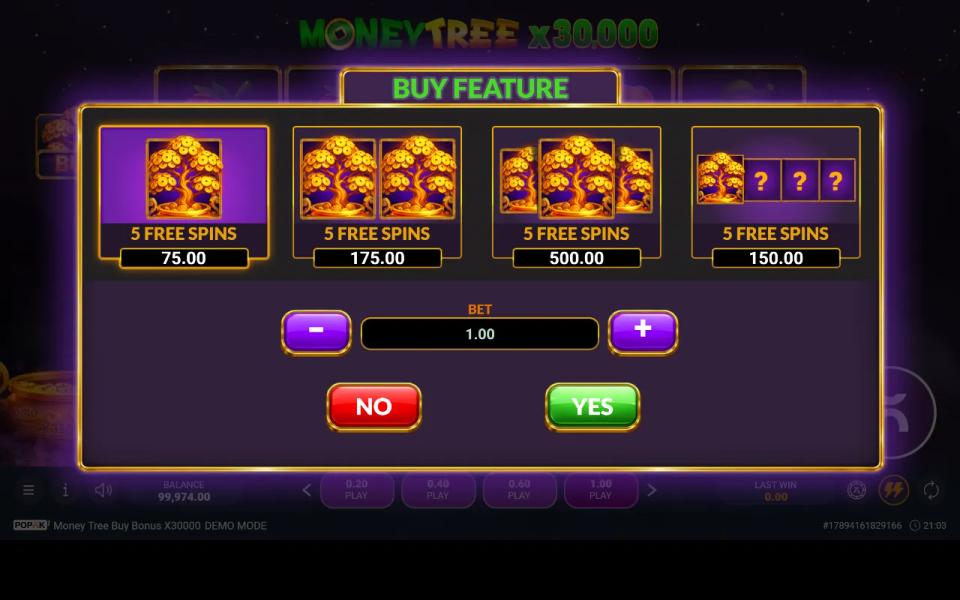 Buy Feature menu offering one, two or three wild reels or a random draw, each awarding five free spins