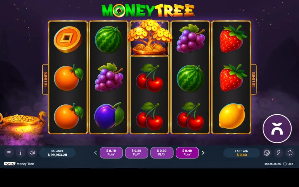 A gold coin scatter on the first reel and the Money Tree wild sitting shut on the third reel of Money Tree's 5x3 board, in a round that paid nothing