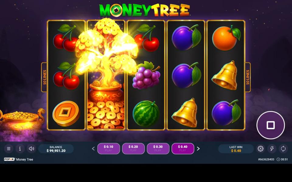 The Money Tree wild expanded across all three rows of the second reel with a coin scatter below it and bells on the outside reels