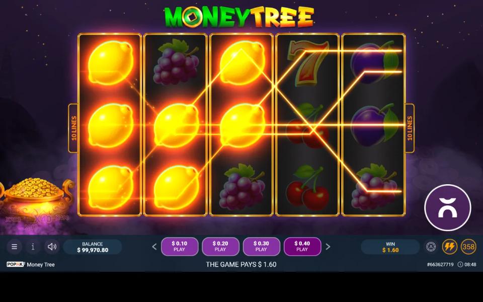 Lemons filling the first three reels of Money Tree and paying across several of its ten paylines