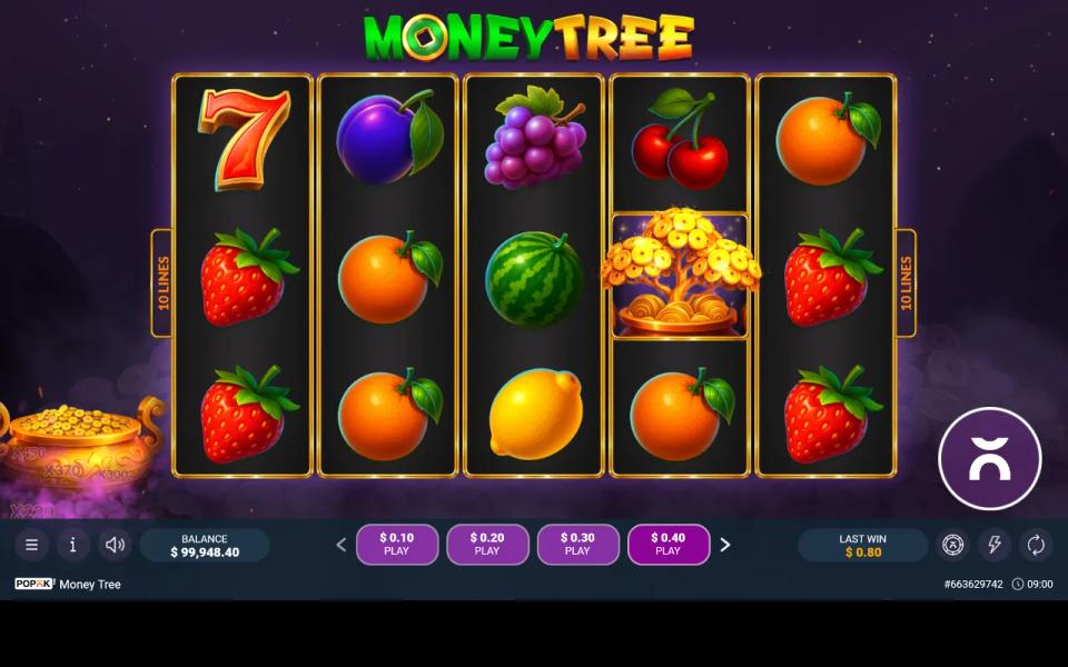 A red seven on the first reel and an unexpanded Money Tree wild on the fourth reel of a Money Tree spin that paid nothing