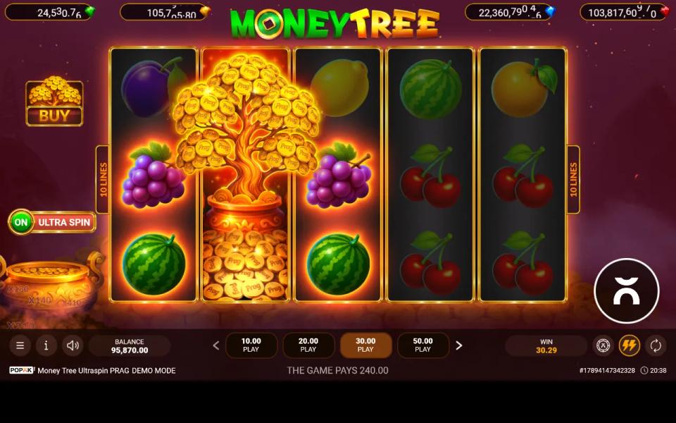 The money tree wild expanded over all three rows of reel 2 with grapes and watermelons paying either side of it