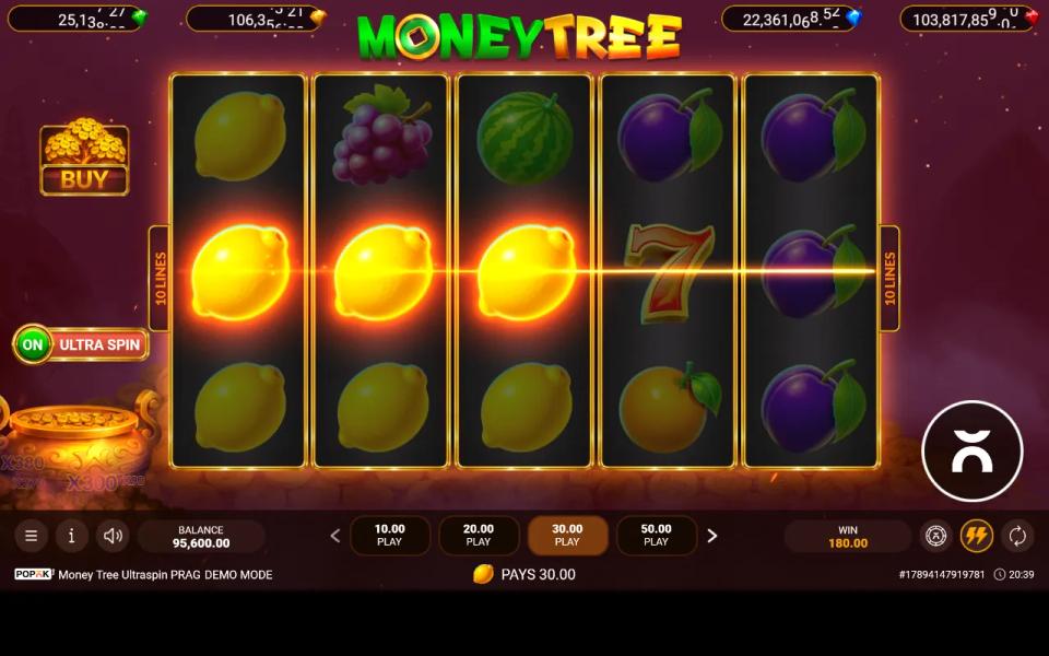 Three lemons paying along the top row of the 5x3 grid of Money Tree Ultra Spin PRAG