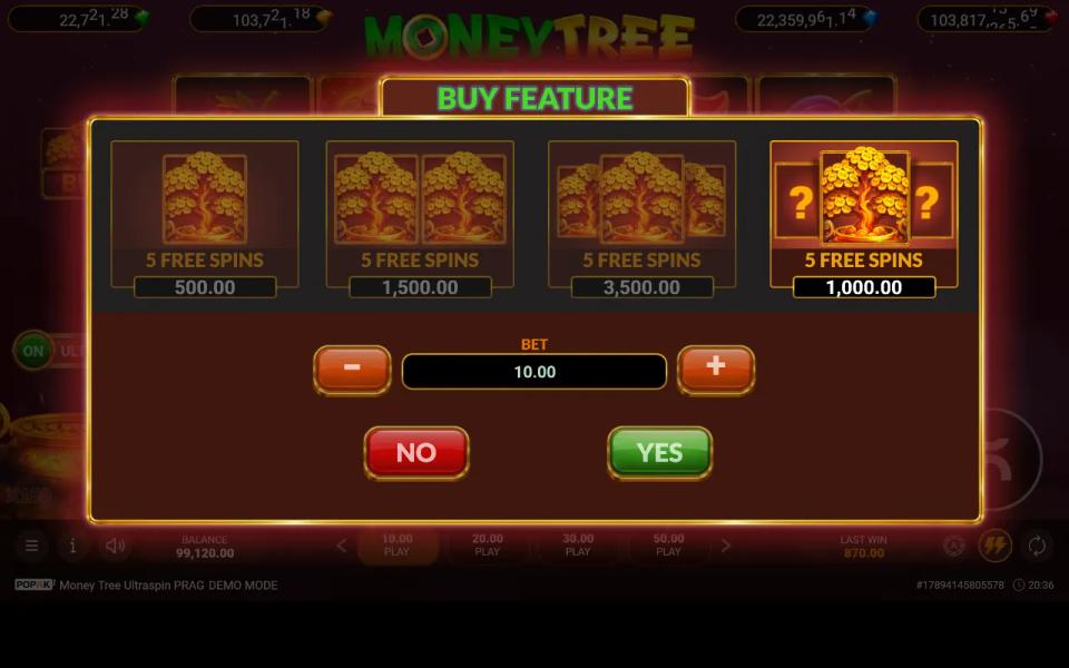 Buy Feature menu with the random option selected, showing one money tree between two question marks at 1,000.00