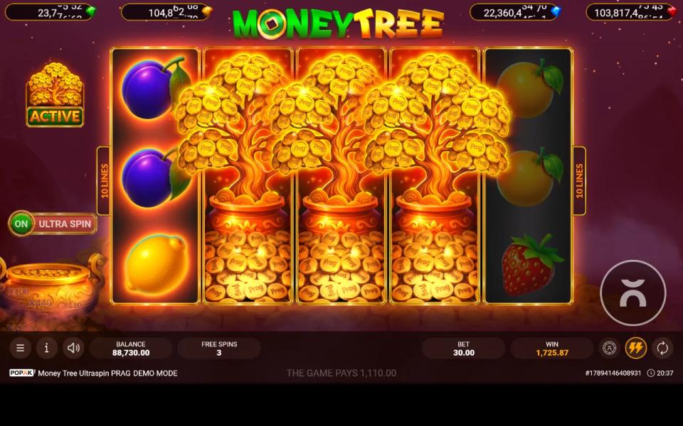 Three expanded money tree wilds filling reels 2, 3 and 4 of the 5x3 grid, paying 1,110.00