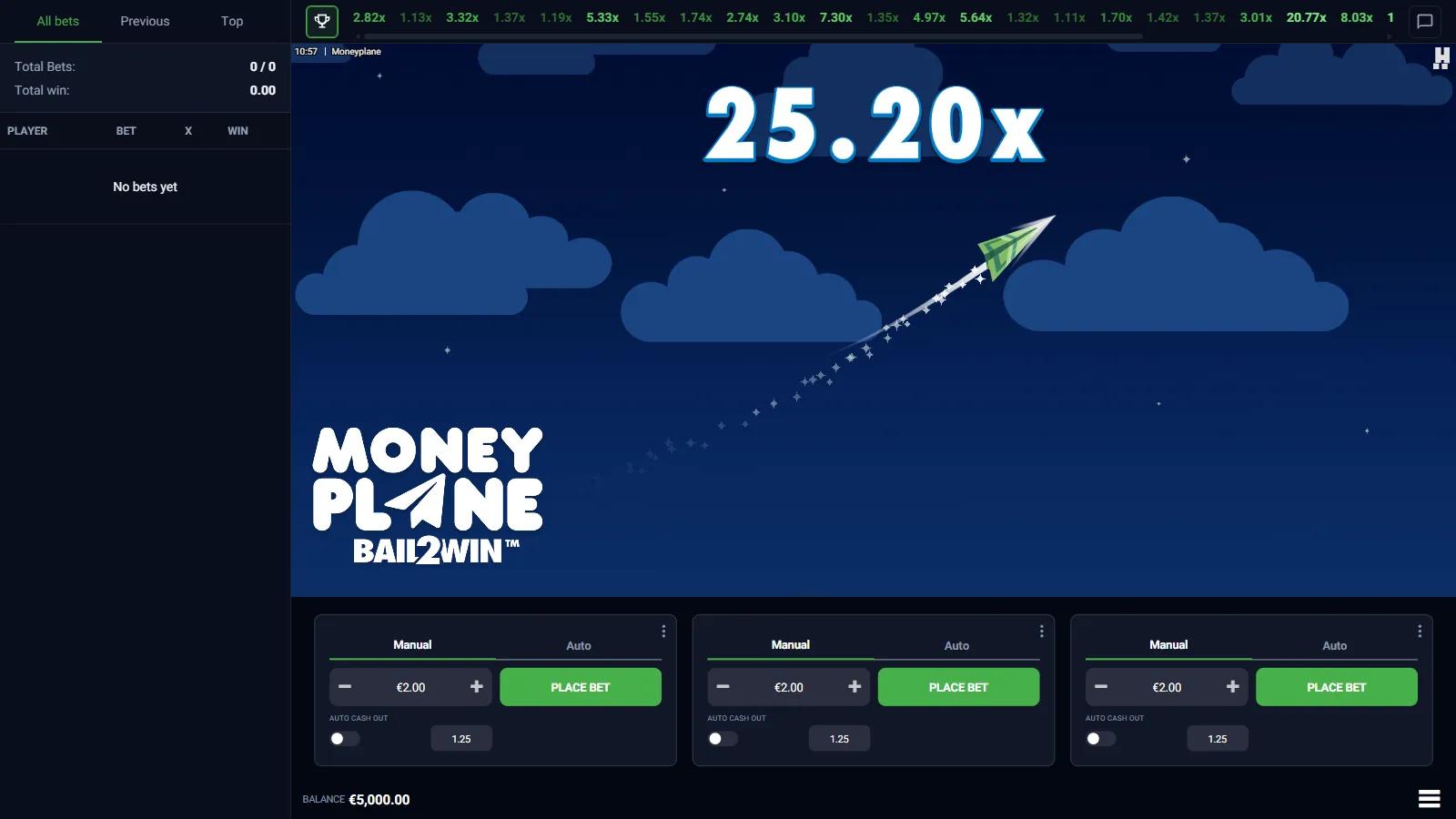 Moneyplane Bail2Win crash game showing the green paper plane climbing past a 25.20x multiplier in a cloudy night sky