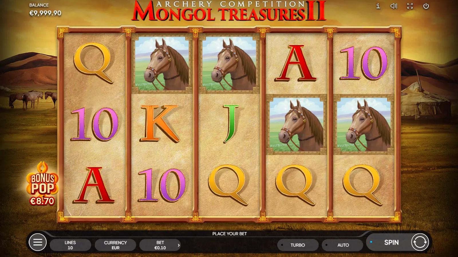 Mongol Treasures II gameplay showing 5x3 reels with horses, a Mongol woman and archer on the sunlit steppe
