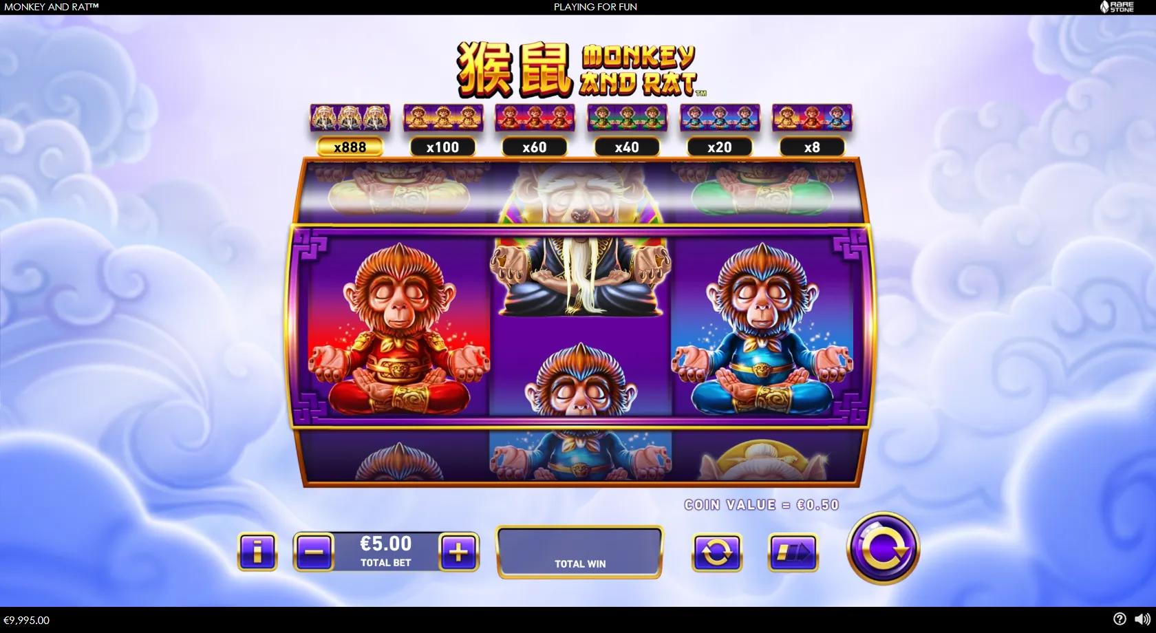 Monkey and Rat single-line 3-reel drum with coloured Monkey King symbols and the Rat sage under an x8-to-x888 prize ladder