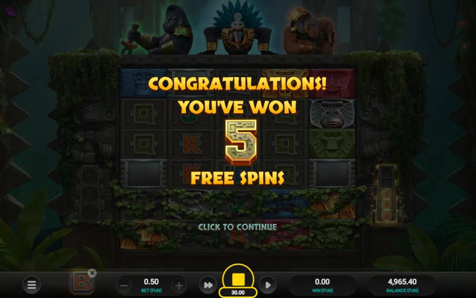 Free spins trigger screen awarding five free spins for three Bonus symbols on the 5x4 grid