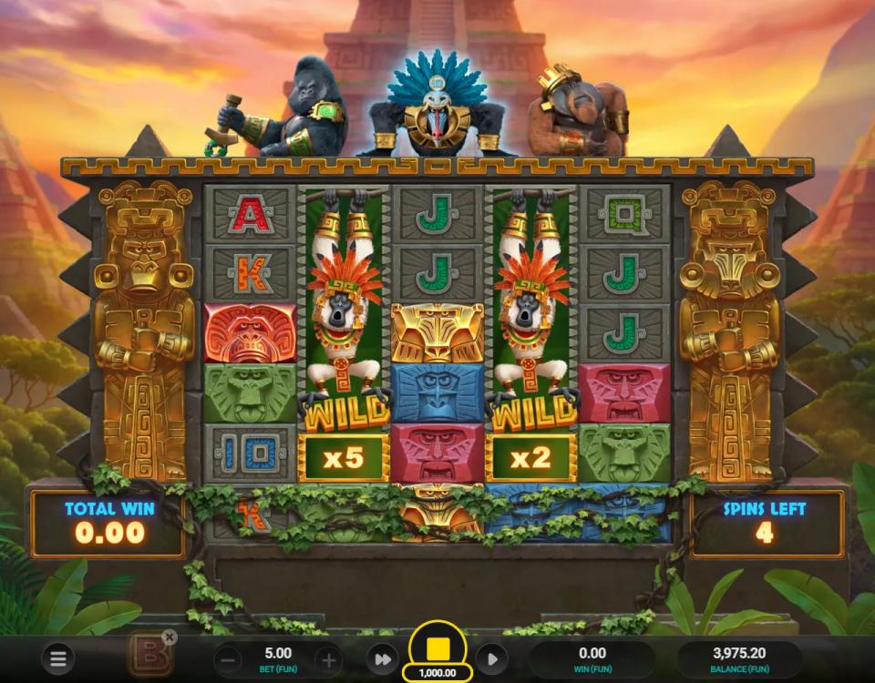 Super Free Spins board with wild reels carrying x5 and x2 multipliers on reels two and four, and a total win of zero
