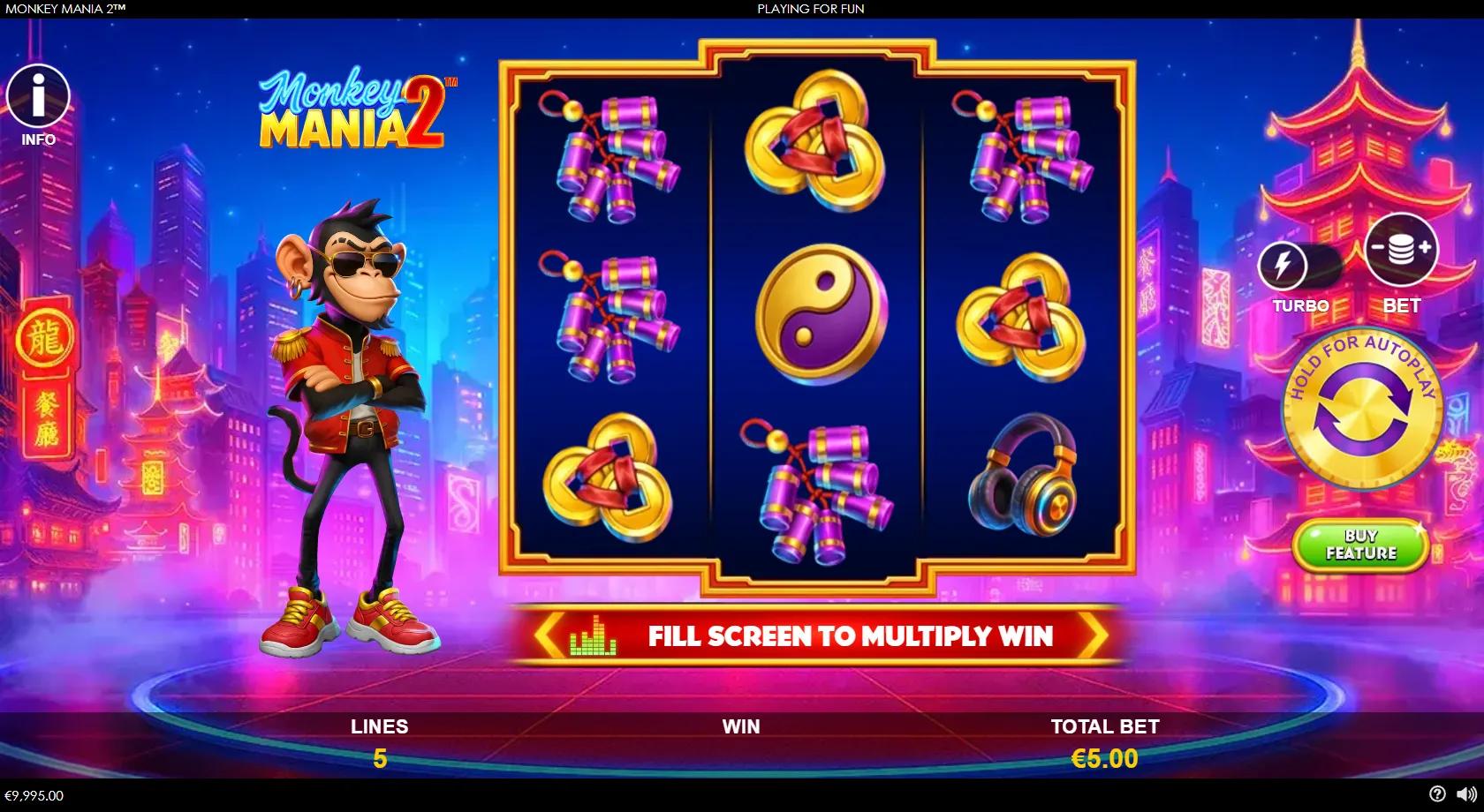 Monkey Mania 2 slot gameplay showing 3x3 neon-Chinatown grid with a rockstar monkey Wild, DJ symbols and fill-screen multiplier