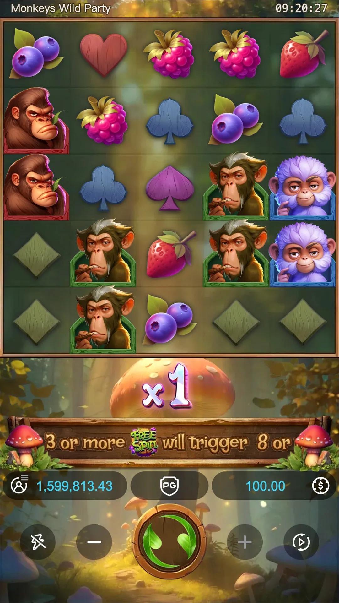Monkeys Wild Party slot gameplay showing 5x5 cluster grid with monkey symbols and cascading x1 multiplier
