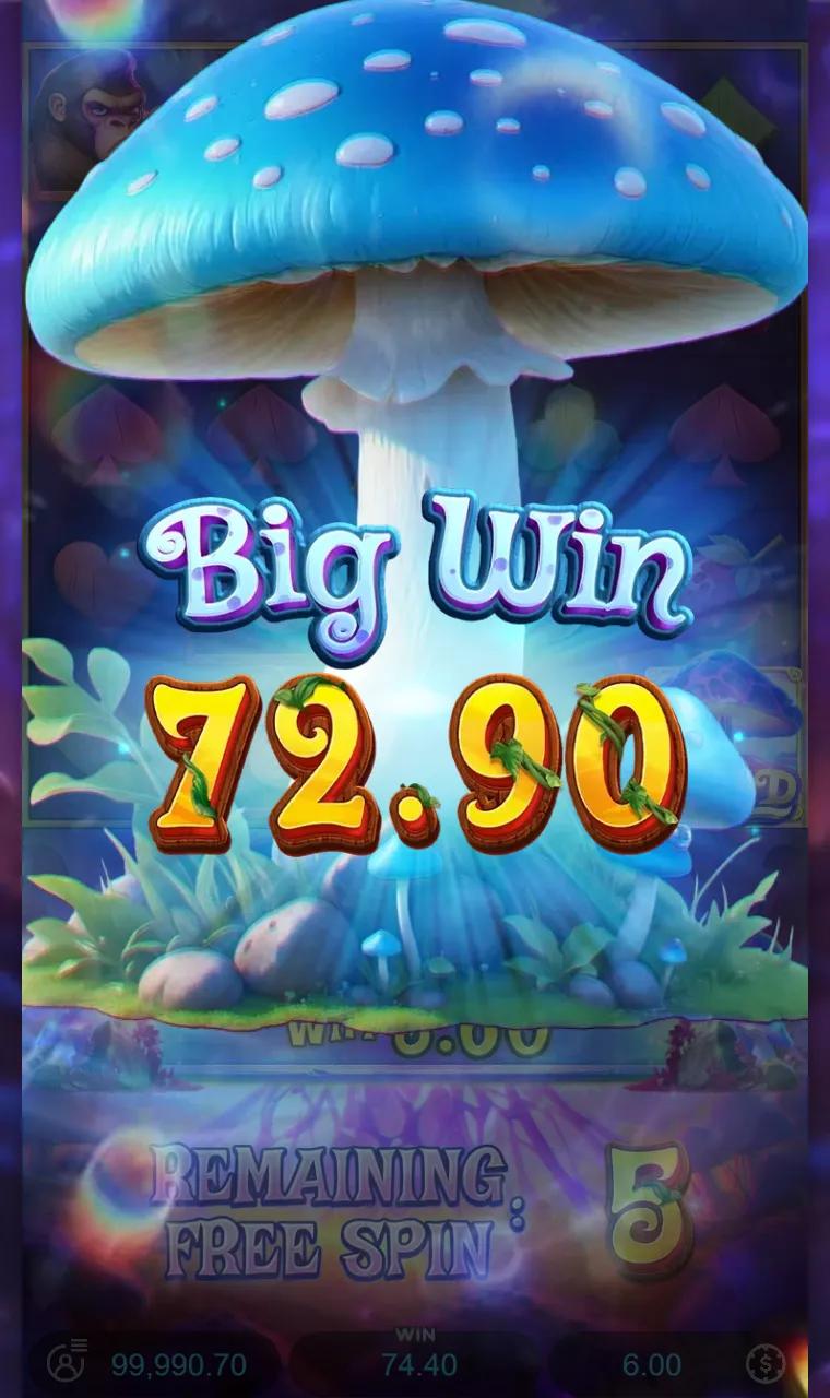 Monkeys Wild Party Big Win banner with a blue mushroom during free spins