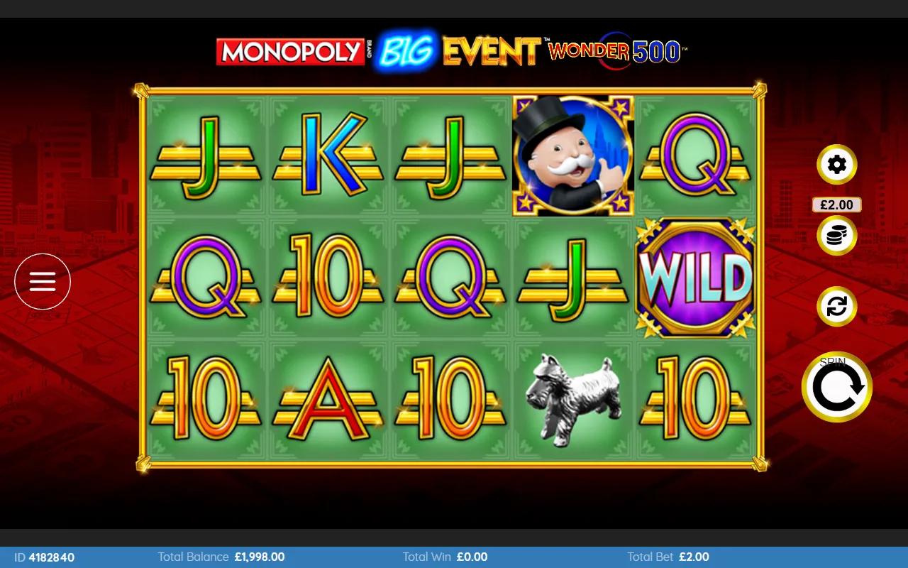 Monopoly Big Event Wonder 500 slot showing 5x3 grid with Mr Monopoly, Boat/Car/Boot/Dog token premiums and purple Wild