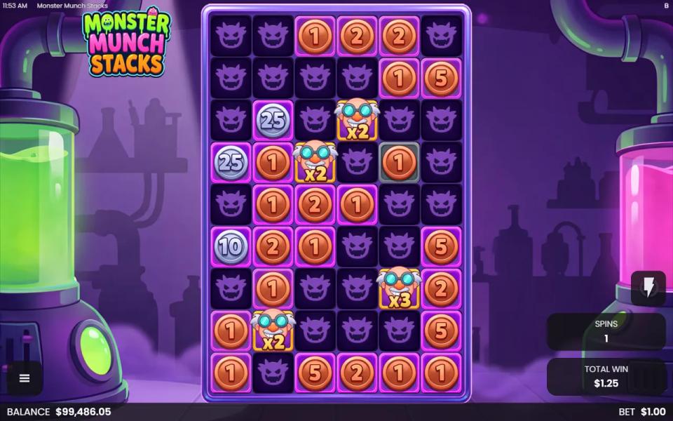 Monster Munch Stacks bonus board: a 6x9 grid of sticky bronze and silver Coins and four scientist Wilds with x2 and x3 multipliers, the monsters replaced by dark blank faces