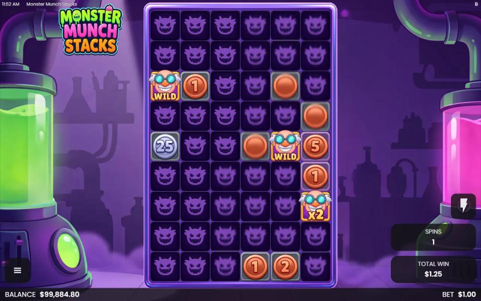 Snack Rush free spin with three Wild scientists and a handful of Coins stuck on a grid of blank faces