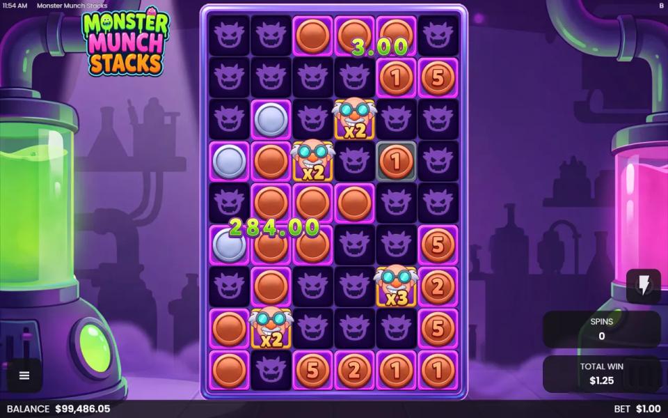 Monster Feast final count: a large Coin cluster joined by two x2 Wilds paying out over the left side of the grid