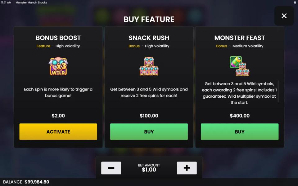 Monster Munch Stacks buy menu with three cards: Bonus Boost at 2x, Snack Rush at 100x and Monster Feast at 400x the bet