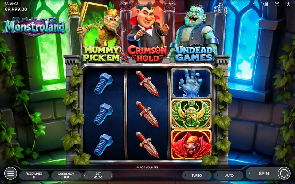 Monstroland 3x3 reels with bolts, daggers, a zombie hand, a scarab and a bat, under the Mummy, Vampire and Monster labelled Mummy Pick'em, Crimson Hold and Undead Games