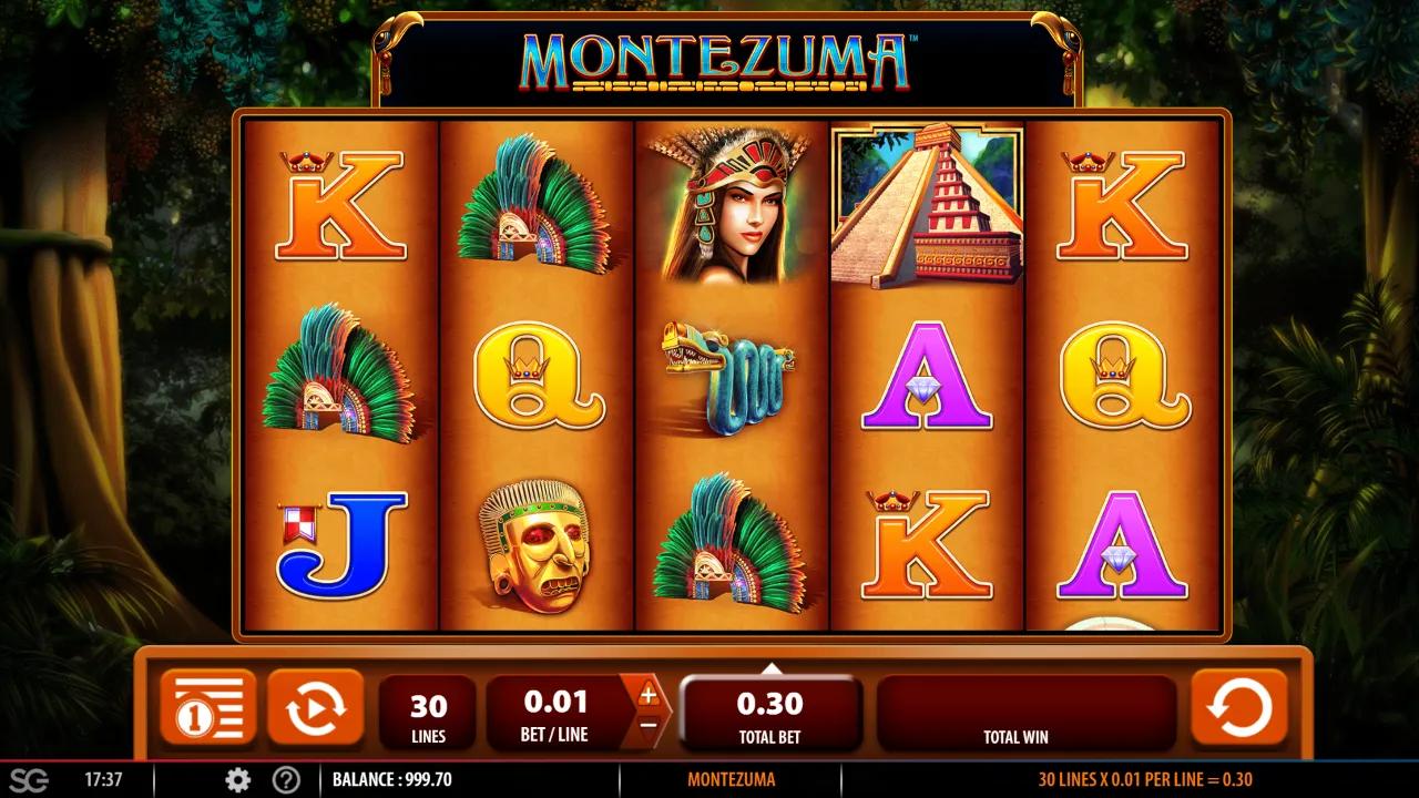 Montezuma slot gameplay showing 5x3 grid with Aztec Queen, blue serpent and the Feature calendar scatter on reel 5