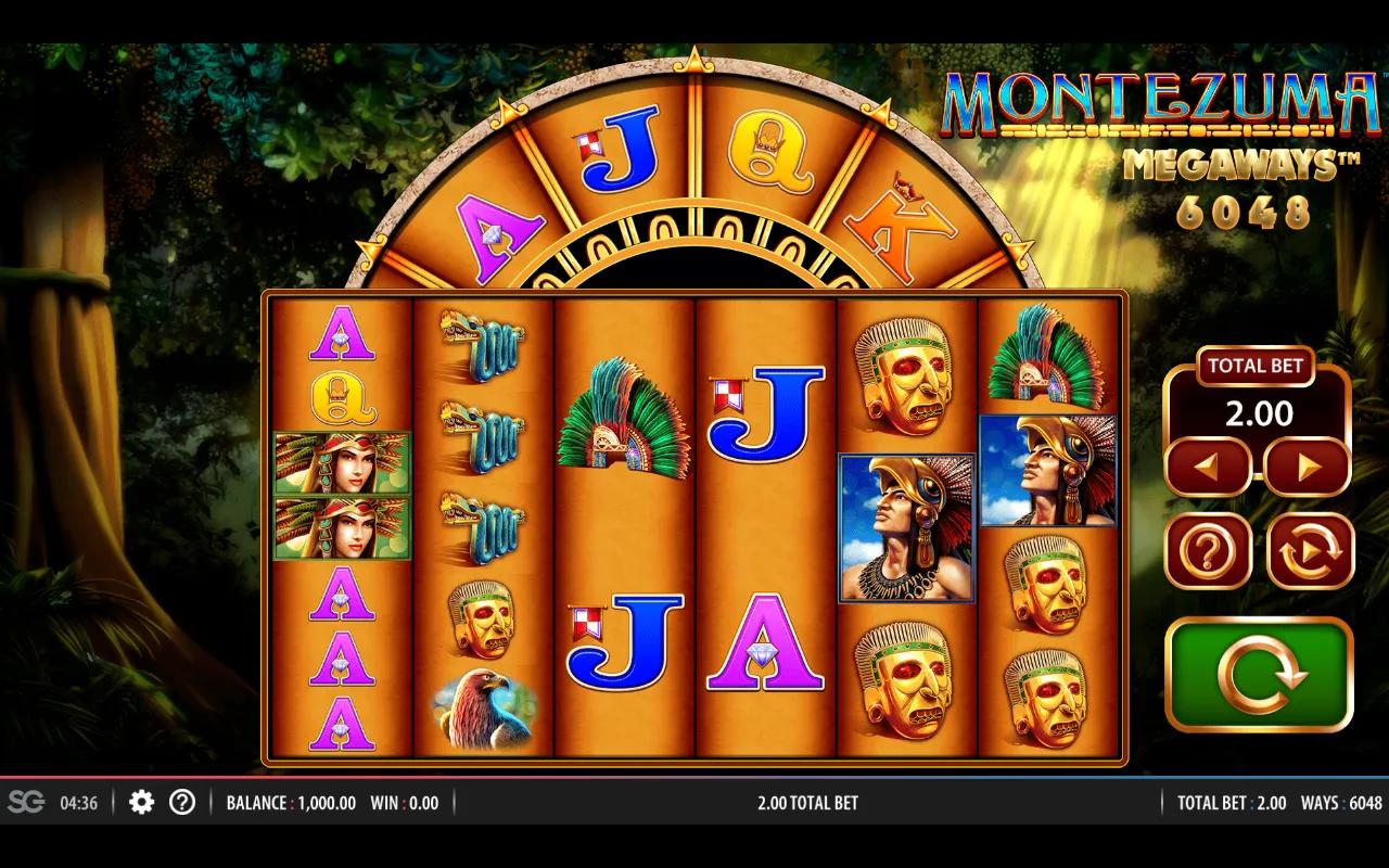 Montezuma Megaways reels inside an Aztec stone temple arch with a horizontal top reel and jungle backdrop.