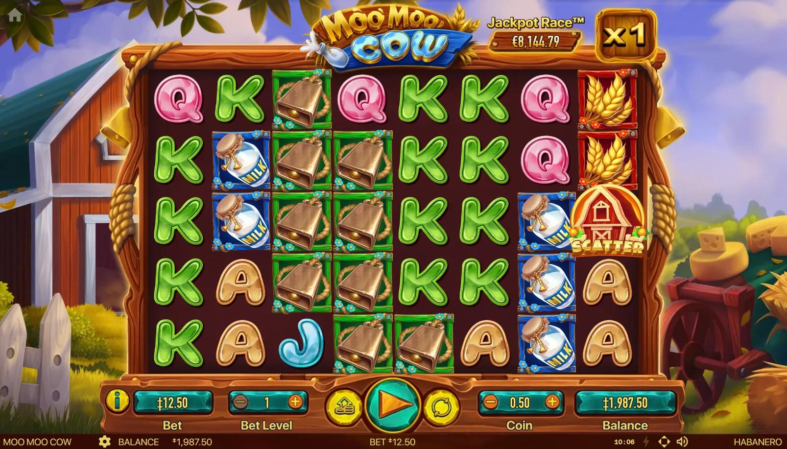 Moo Moo Cow slot gameplay showing 8x5 grid with cow wild, red-barn scatter, cheese wedges and pastel card royals on cartoon farm backdrop with x1 cascade multiplier chip