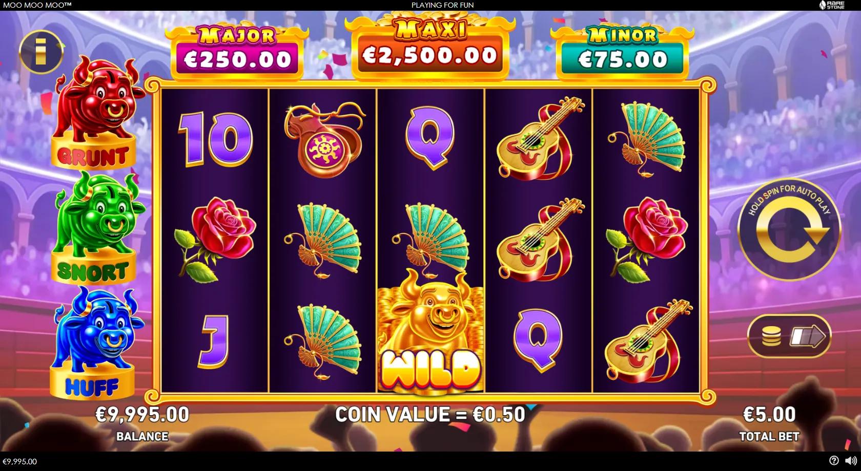 Moo Moo Moo slot gameplay showing 5x3 grid with golden bull Wild, roses, fans and Grunt Snort Huff bull banks