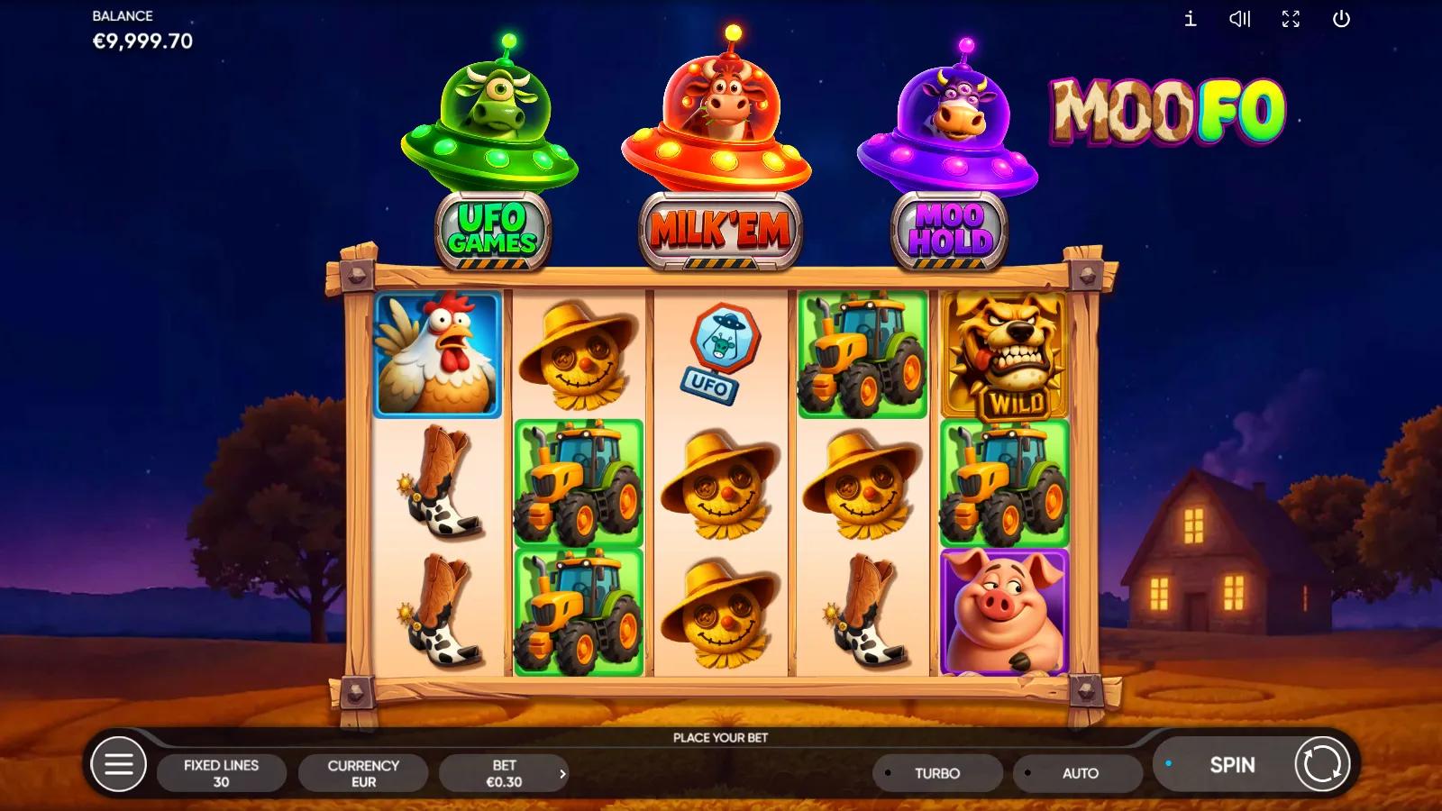 Moofo slot gameplay showing 5x3 farm grid with UFO cow bonus tokens and bulldog wild symbol