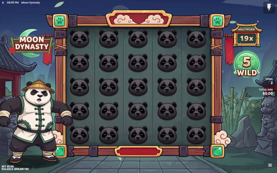 Moon Dynasty collection spin with a grid full of dark Dead pandas, side counters showing a 19x multiplier and 5 wilds banked