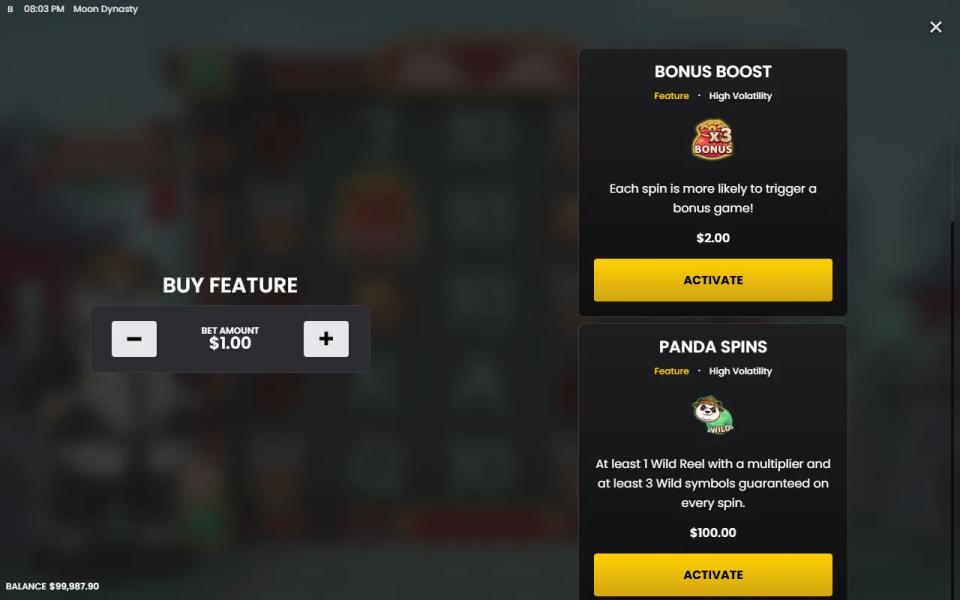 Moon Dynasty feature menu offering Bonus Boost at 2x the bet and Panda Spins at 100x the bet, both marked high volatility