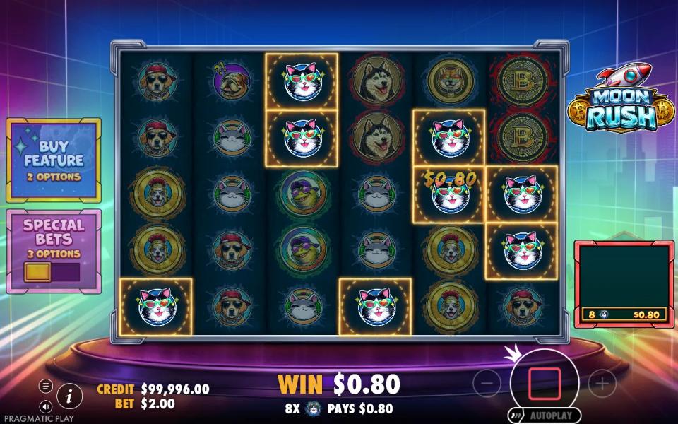 Eight matching coin symbols paying anywhere on the Moon Rush screen with the win ledger showing the count