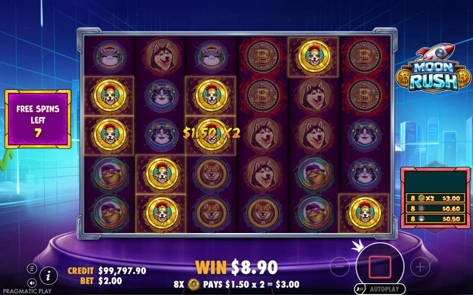 A win doubled by an x2 cell multiplier on a marked spot during Moon Rush free spins