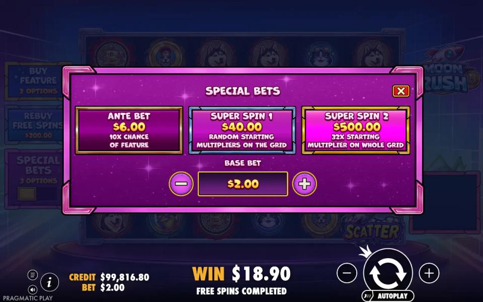 Moon Rush Special Bets menu offering an ante bet and two super spin stakes at rising prices
