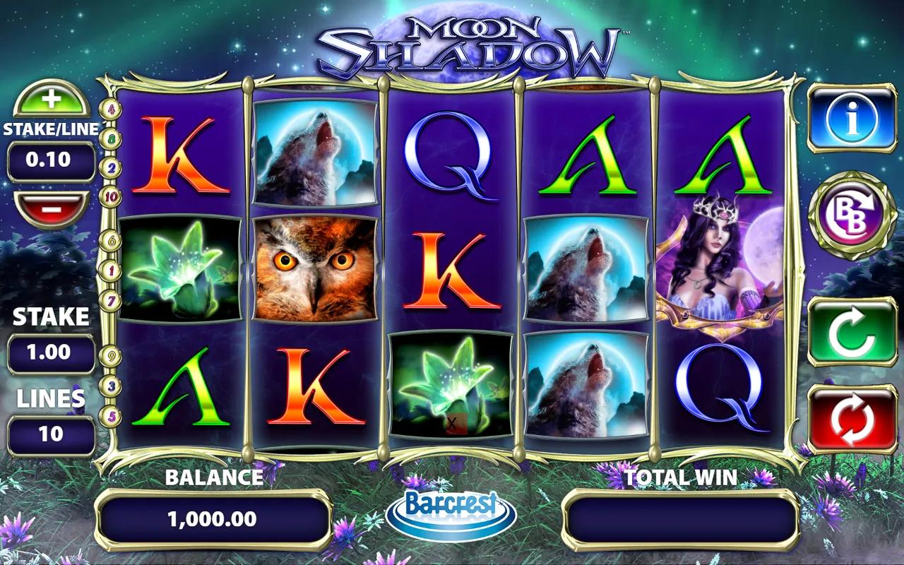 Moon Shadow slot reels framed in purple-gold gothic vines with aurora borealis sky and teal fairy beside the grid