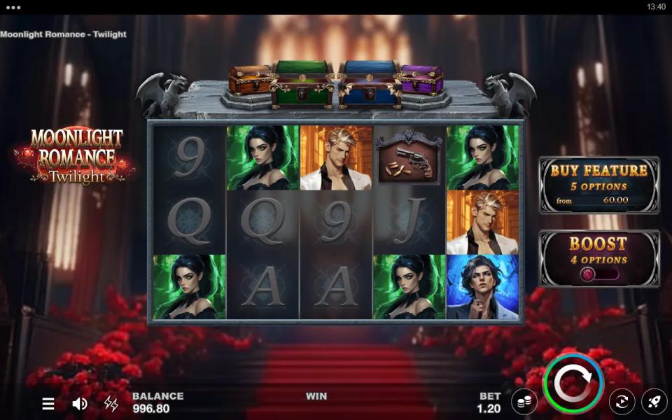 Moonlight Romance - Twilight base game board, five reels of three symbols with four closed treasure boxes above and lion medallions on reels two and four