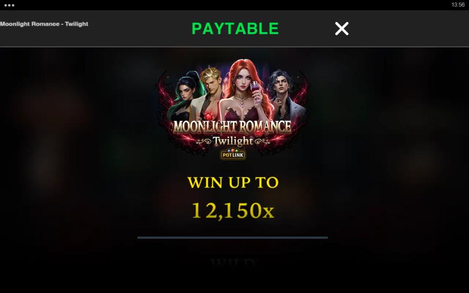 Moonlight Romance - Twilight paytable title page with the four vampire characters and the line WIN UP TO 12,150x