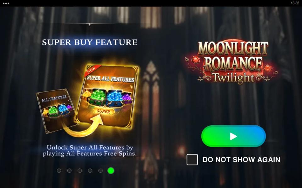 Moonlight Romance - Twilight splash slide showing an All Features card with an arrow to a glowing Super All Features card, captioned Unlock Super All Features by playing All Features Free Spins