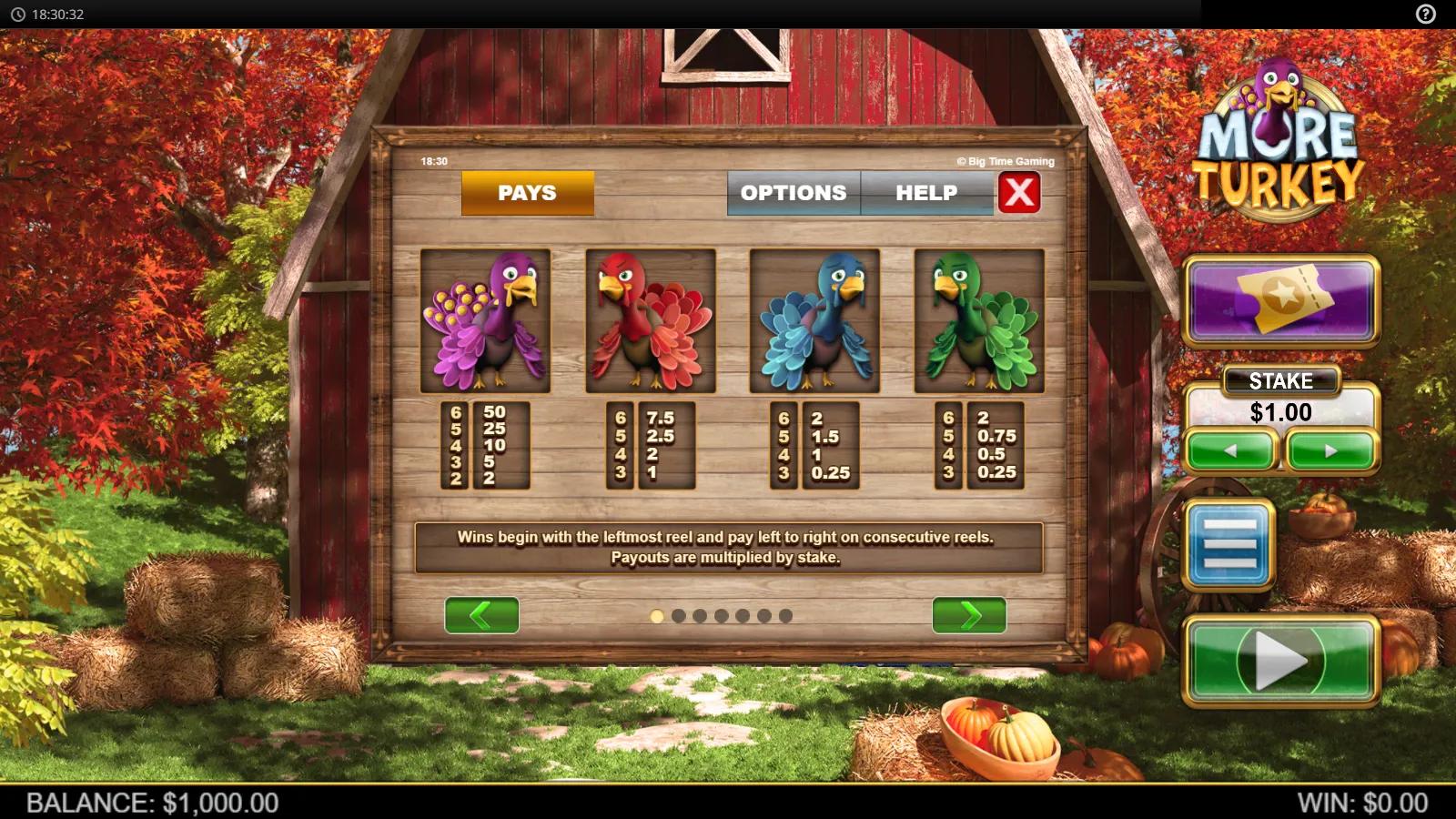 More Turkey slot PAYS screen showing colourful cartoon turkey symbol payouts by a red autumn barn