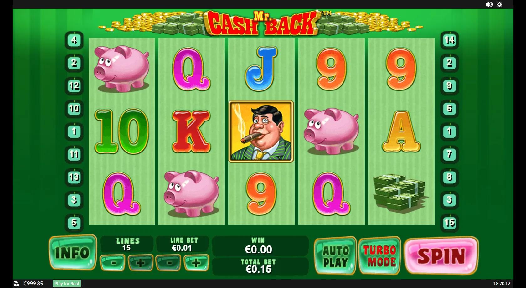 Mr. Cashback slot: 5x3 fifteen-line money grid with the Mr. Cashback wild and scatter, piggy bank, coin sack and banknotes