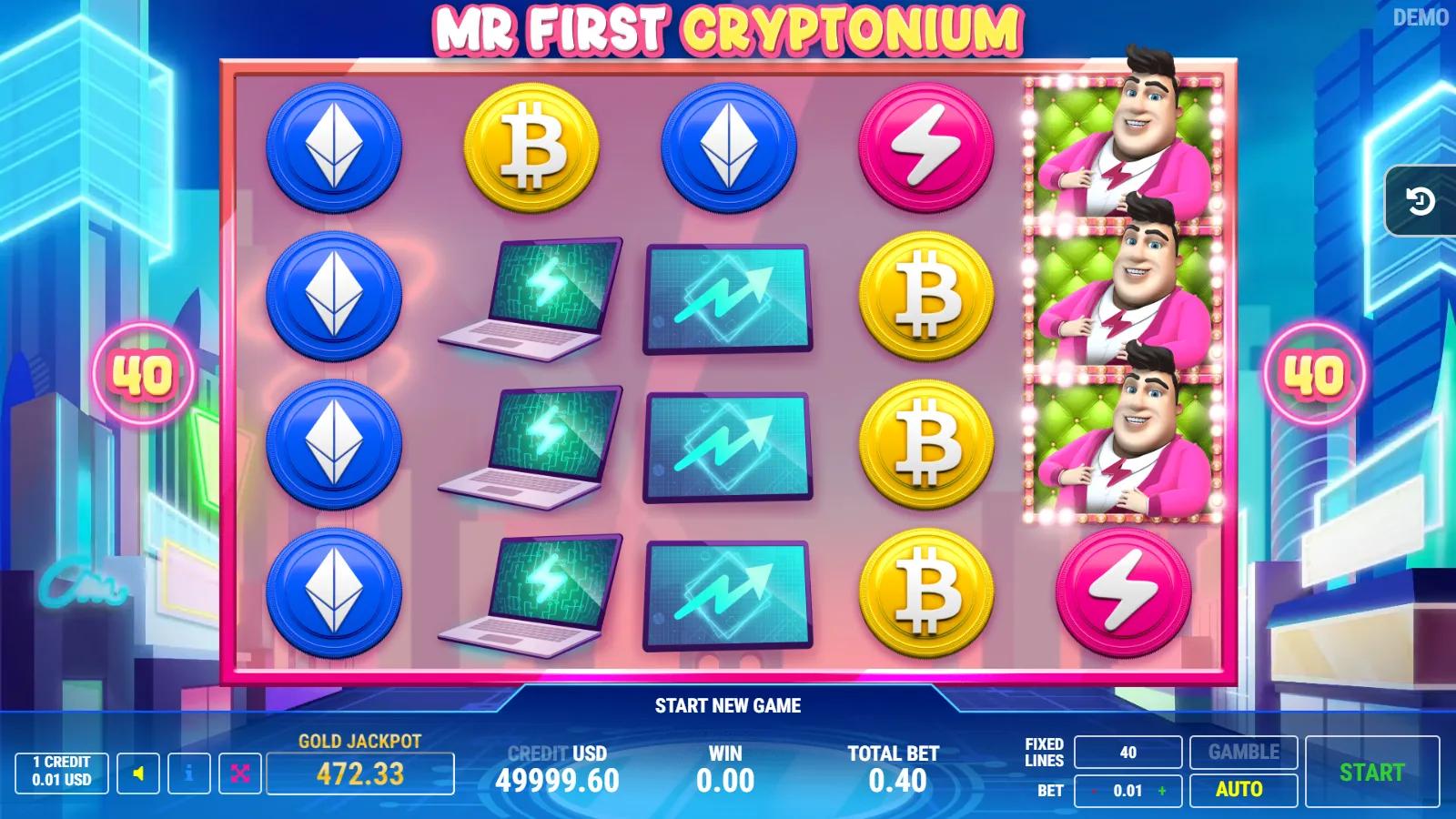 Mr First Cryptonium slot gameplay showing 5x4 crypto grid with WILD coin, Bitcoin, Ethereum, Mr First and 40 paylines