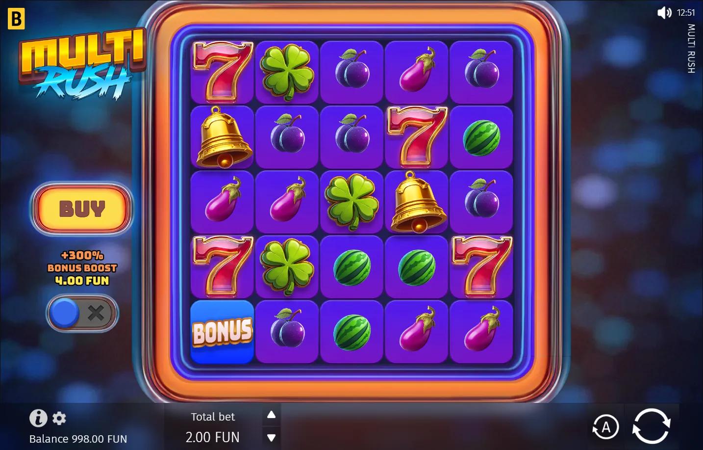 Multi Rush slot gameplay showing 5x5 cluster grid with retro fruit symbols and Rush x2 multiplier ball