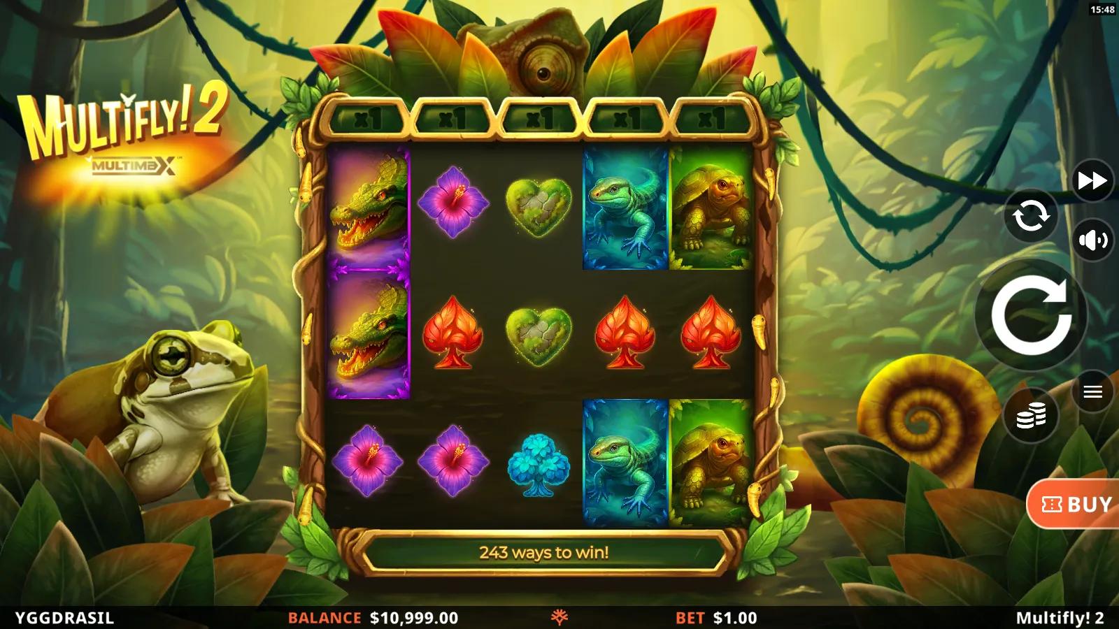 Multifly! 2 slot gameplay showing 5x3 243-ways jungle grid with reel multiplier plaques above the reels