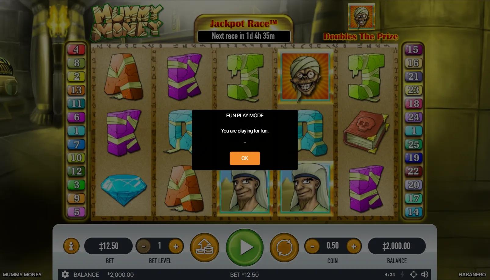 Mummy Money slot gameplay showing 5x3 grid with bandage-wrapped stone royals, diamond and sheikh on Egyptian tomb backdrop