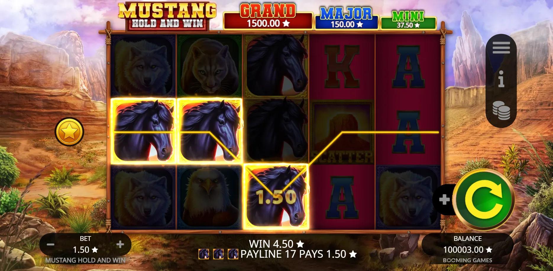 Mustang Hold and Win slot gameplay screenshot