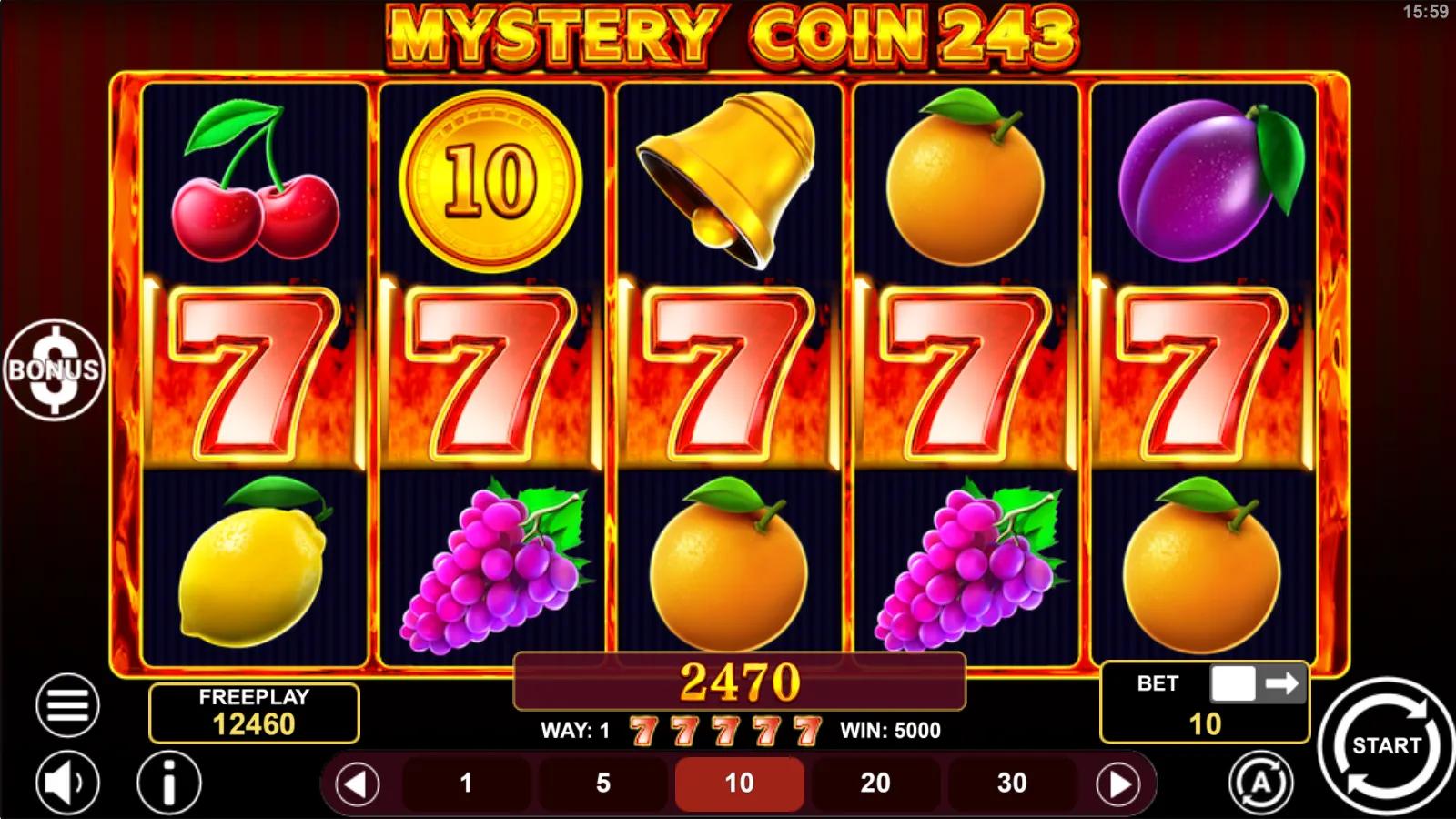 Mystery Coin 243 slot gameplay showing 5x3 grid with five red 7s and a value coin on a fiery reel frame