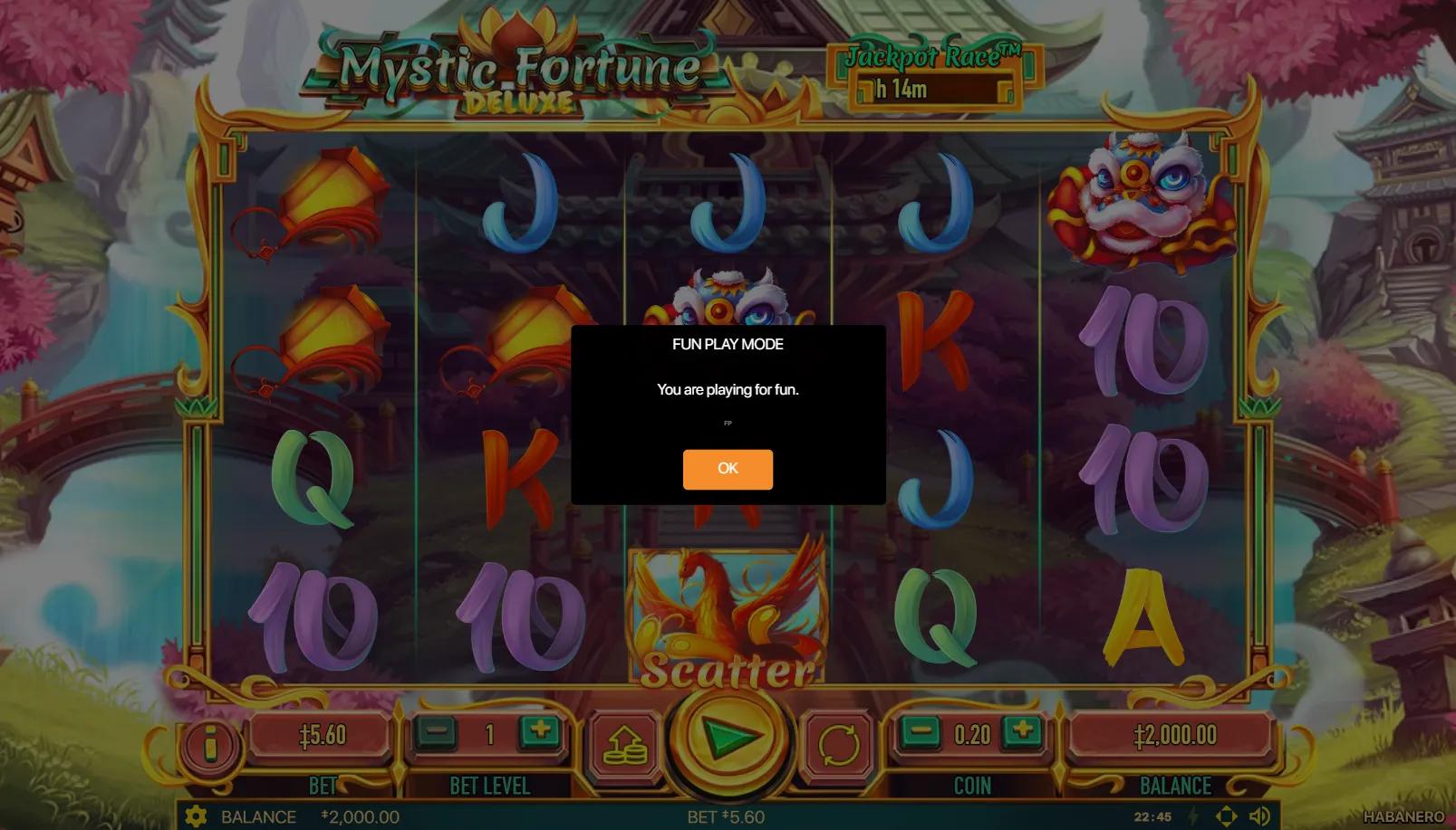 Mystic Fortune Deluxe slot showing 5x3 grid with lion-dance heads, phoenix scatter and lanterns on Chinese temple backdrop